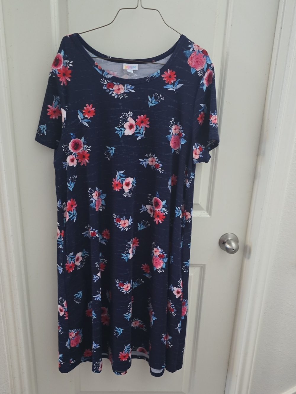 LuLaRoe Navy Floral Swing Dress with Pink & Red Blooms